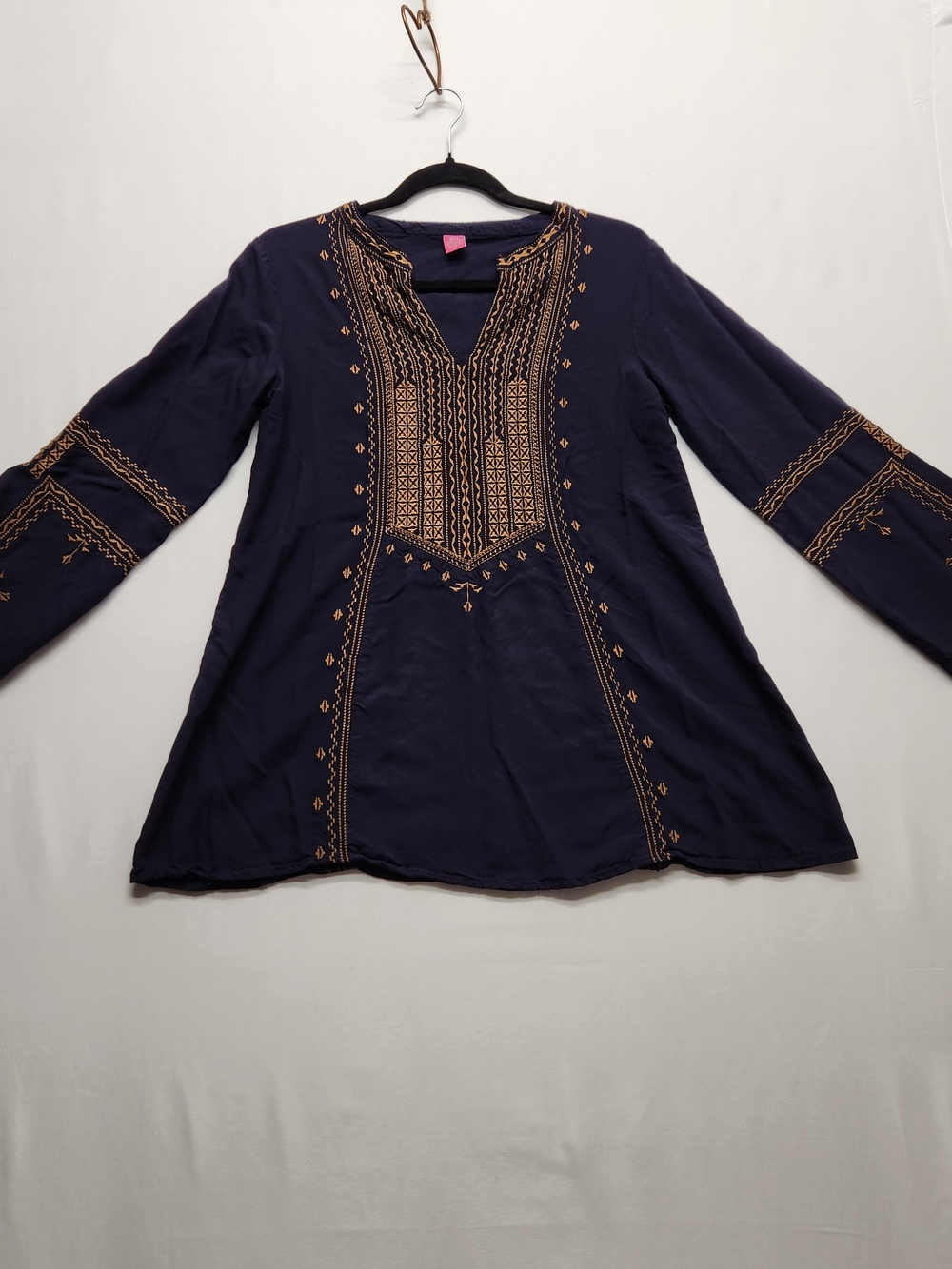 ⭐️Raj Embroidered Tunic deep navy Blue Gold Boho Peasant Blouse Medium M